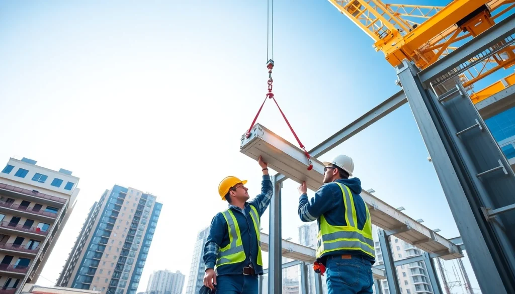 Skilled workers performing structural steel installation on a construction site with cranes and buildings.