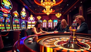 High-stakes action at a luxurious casino with poker players and vb9 betting screens.
