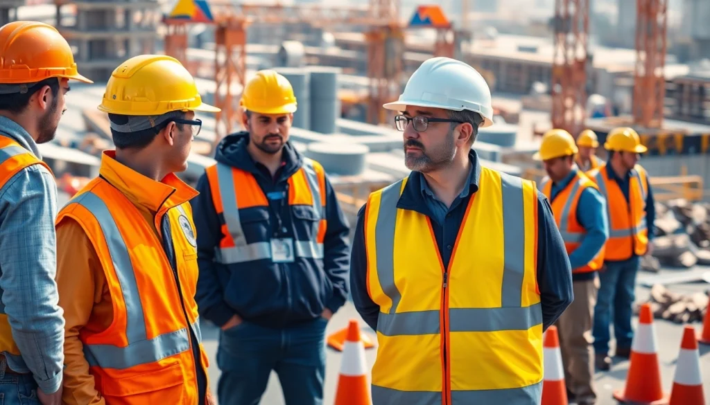 Workers implementing construction safety programs at a site, ensuring safe practices.