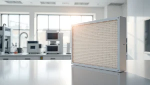 HEPA filter displayed prominently in a modern lab, showcasing advanced air purification technology.