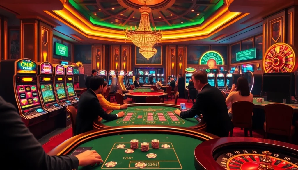 CM88 casino scene with vibrant gaming tables, interactive slot machines, and exciting atmosphere