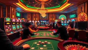 CM88 casino scene with vibrant gaming tables, interactive slot machines, and exciting atmosphere