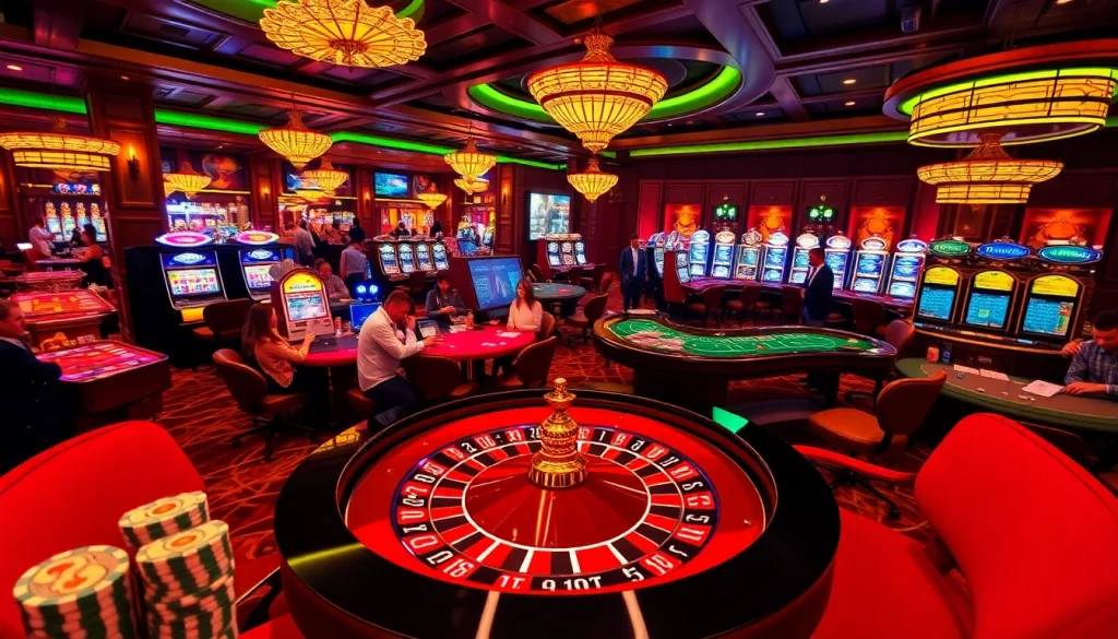 Engage in thrilling roulette action at topclub's upscale casino with lively gamblers and vibrant decor.