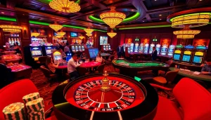 Engage in thrilling roulette action at topclub's upscale casino with lively gamblers and vibrant decor.