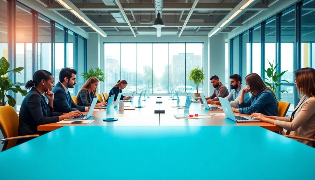 Dynamic marketing agency team collaborating in a bright workspace designed for creativity.