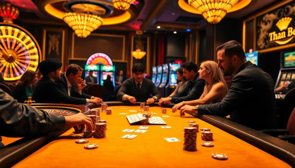 Players engaging in high-stakes poker at a casino table while exploring tha bet.
