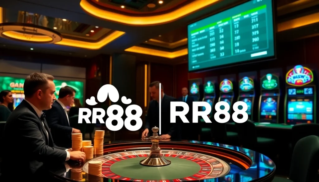 Players engaging at an RR88 casino table, showcasing excitement and high-stakes betting.