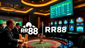 Players engaging at an RR88 casino table, showcasing excitement and high-stakes betting.