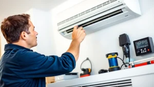 HVAC repair Mt Kisco technician inspecting an air conditioning unit in a modern home setting.