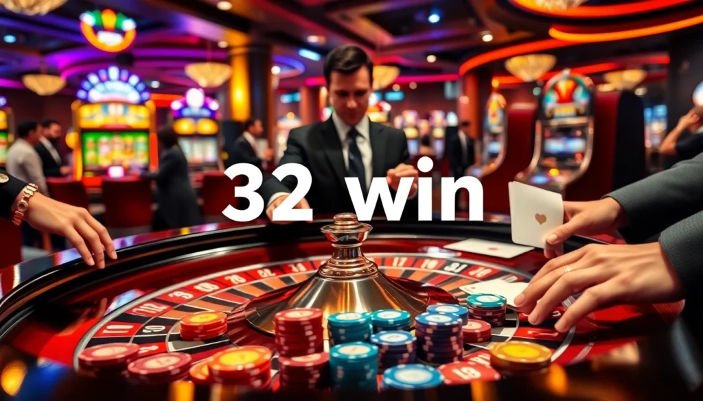 Players enjoying a thrilling roulette game at 32win casino, showcasing vibrant betting action and luxury.