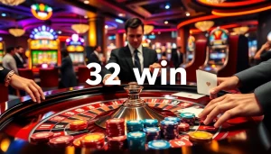 Players enjoying a thrilling roulette game at 32win casino, showcasing vibrant betting action and luxury.