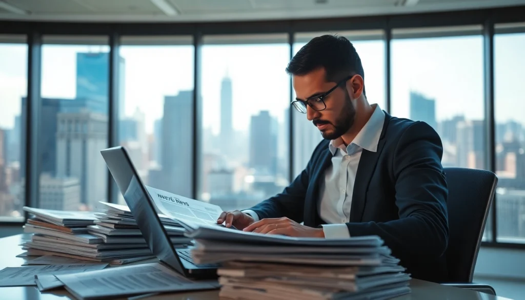 Capture a journalist reviewing content at https://www.thedailynewsonline.com, immersed in a bustling newsroom.