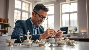 Zinn Ankauf Köln; freundliche Beratung für den Ankauf von Silber in einem hellen Büro.