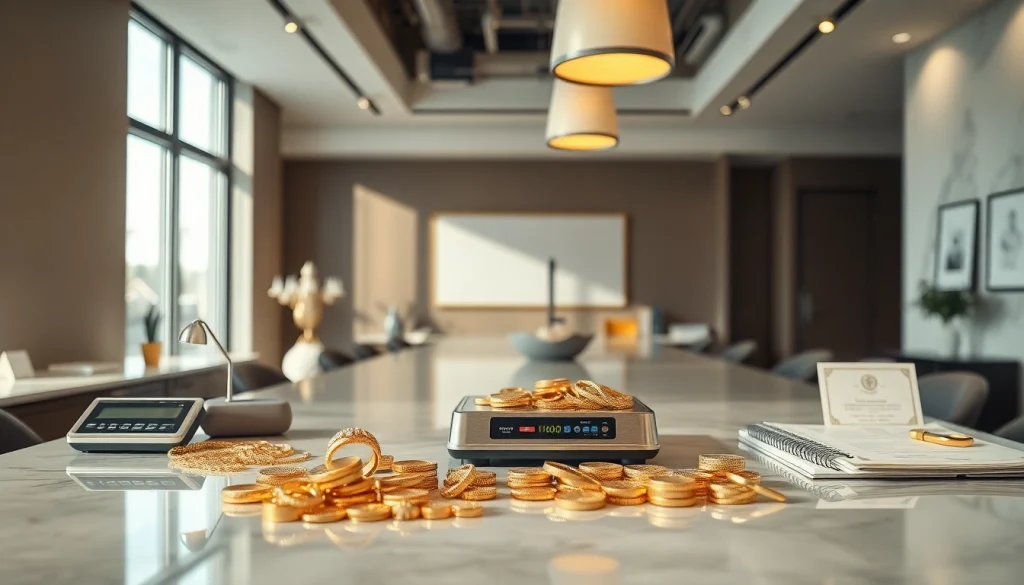 Compra oro a distanza in un elegante ufficio moderno con artefatti d'oro esposti.