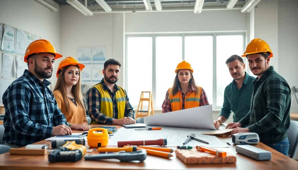 Engaged students at construction trade schools in texas learning with tools and blueprints.