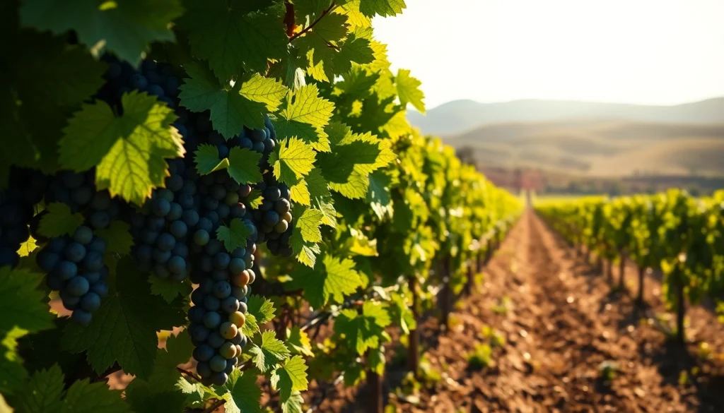 Experience the vibrant vineyard landscape of Carksburg CA with lush grapevines and rolling hills.