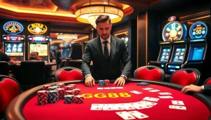 Exciting GG88 casino scene with poker games, vibrant slot machines, and a professional dealer.