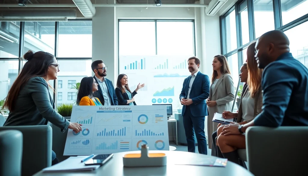 Engaged team collaborating on Business Marketing strategies in a bright office setting.