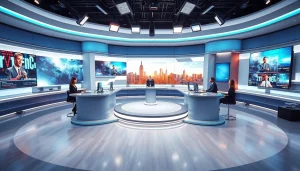 WTAJ news anchors presenting updates in a modern studio with vibrant screens.