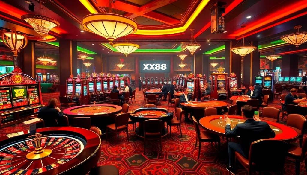 Players engaging at the XX88 casino with lively roulette and slot machines in action.