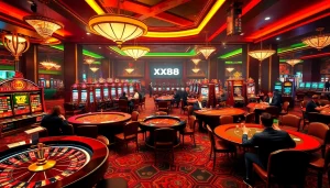 Players engaging at the XX88 casino with lively roulette and slot machines in action.