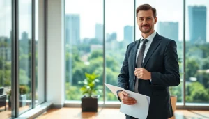 Environmental lawyer confidently presenting legal documents in a bright office space.