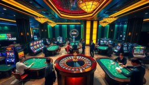 Engaging in an exciting casino game at MM88 with vibrant poker tables and slot machines.