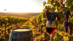 Savor the scenic beauty of wineries in Clarksburg with ripe grapes and a glass of red wine amidst lush vineyards.