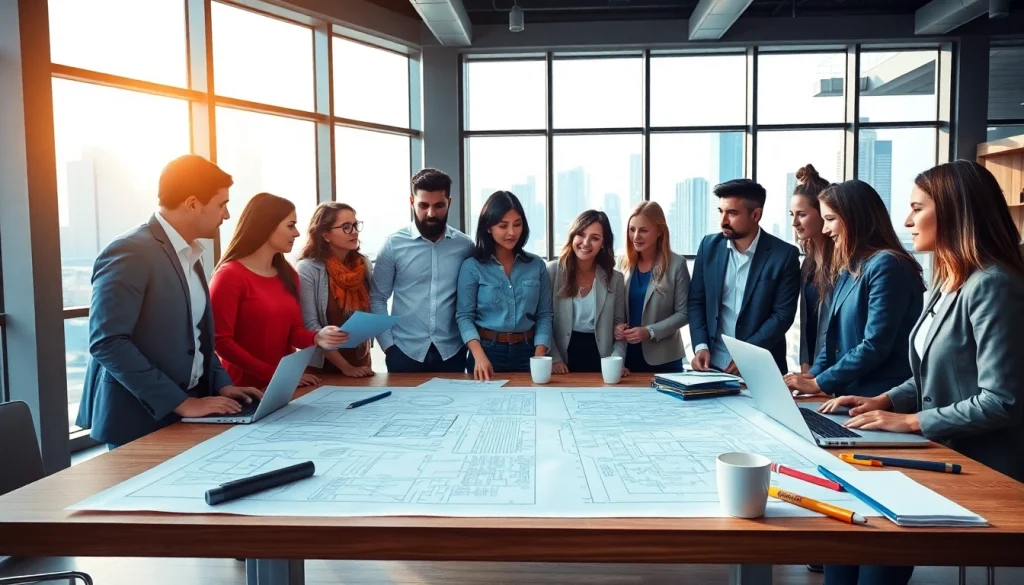 Dynamic discussion at a construction association meeting with blueprints, fostering collaboration and innovation.