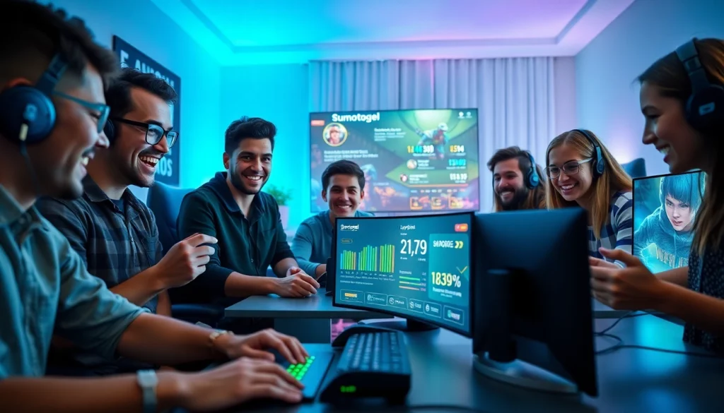 Pemain yang terlibat menikmati Sumotogel dalam pengaturan permainan modern, menonjolkan kegembiraan dan kebersamaan komunitas.