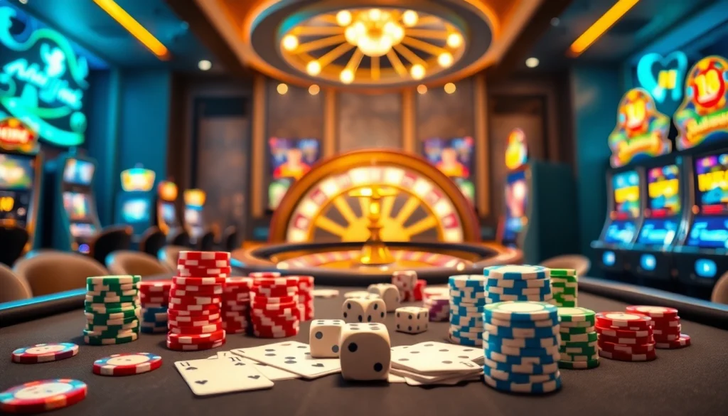 Players enjoying thrilling games at MK8's vibrant casino tables with poker chips and roulette wheels.