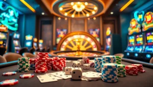 Players enjoying thrilling games at MK8's vibrant casino tables with poker chips and roulette wheels.