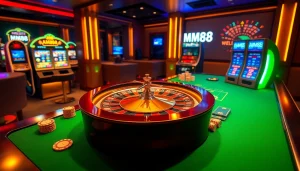Experience high-stakes gaming at MM88 vin with an exciting casino scene featuring poker chips and slot machines.