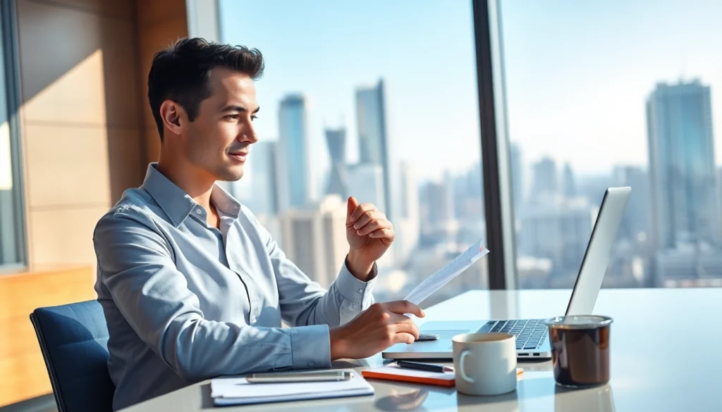 Crisis management consultant analyzing documents in a modern office setting, showcasing professionalism.