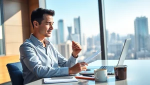 Crisis management consultant analyzing documents in a modern office setting, showcasing professionalism.