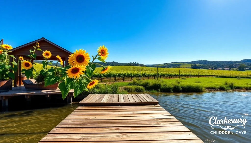 Vibrant landscape of Clarksburg, CA, featuring riverside docks and blooming sunflowers.