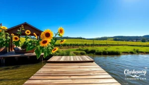 Vibrant landscape of Clarksburg, CA, featuring riverside docks and blooming sunflowers.