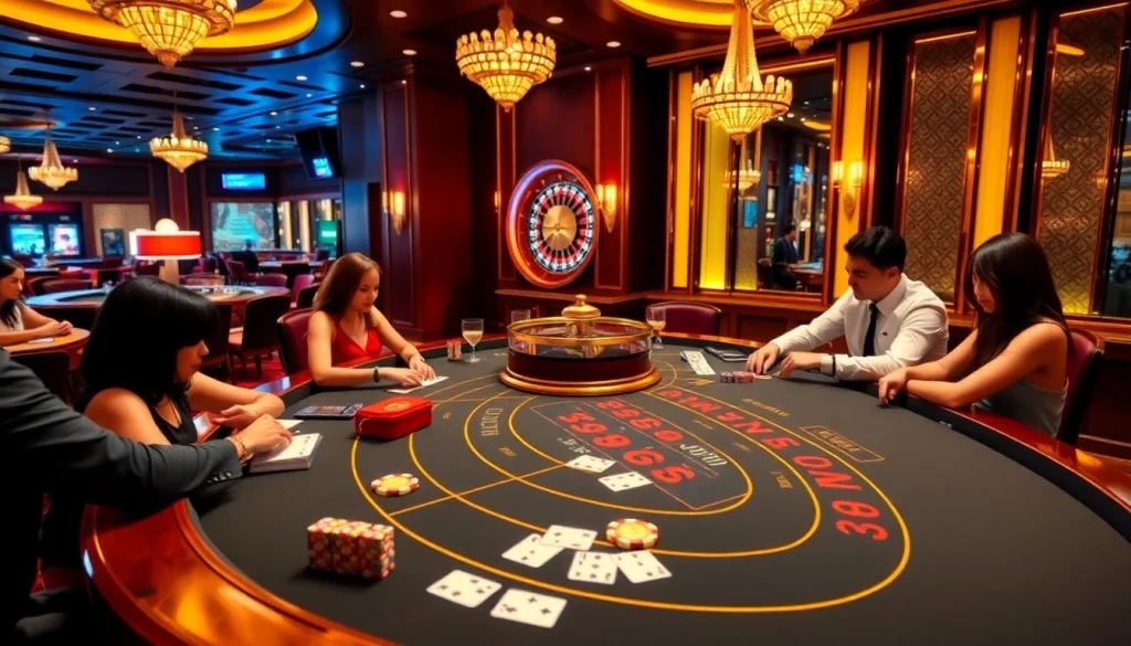 Players engage in an exciting baccarat game at https://xx88.us/, showcasing vibrant casino elements and luxury ambiance.