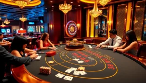 Players engage in an exciting baccarat game at https://xx88.us/, showcasing vibrant casino elements and luxury ambiance.