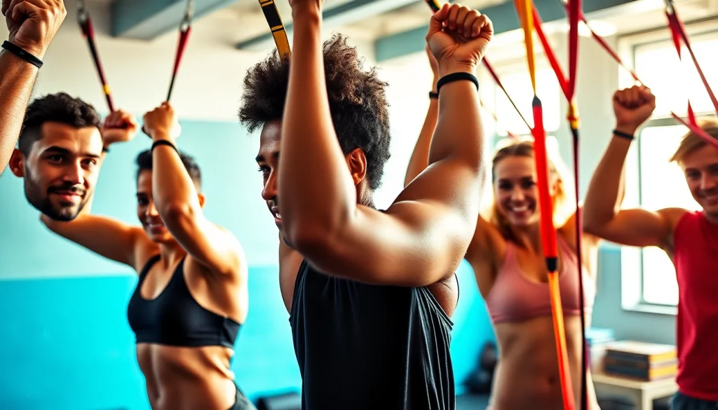 Fitness enthusiasts using a pull-up assist band in a vibrant gym scene.