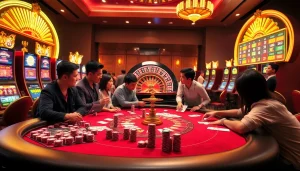 Capture the excitement of GK88 as gamblers celebrate a big win at a luxurious poker table with vibrant casino visuals.