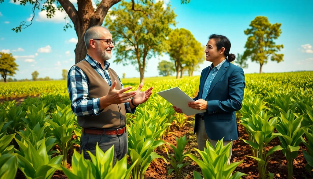 Farmers engaging with a lawyer about agriculture law in a sunny field.