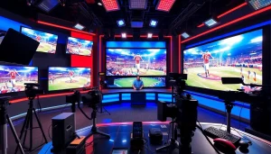 Sports Broadcasting live studio setup with energetic atmosphere and advanced technology.