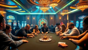 Betting at TK88 casino with players engaged in high-stakes poker action and slot machines in the background.