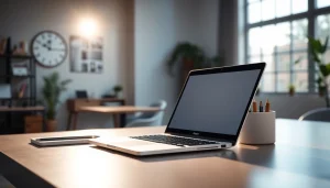 Trabajando con el MacBook Air M2 en un elegante escritorio moderno con luz natural.