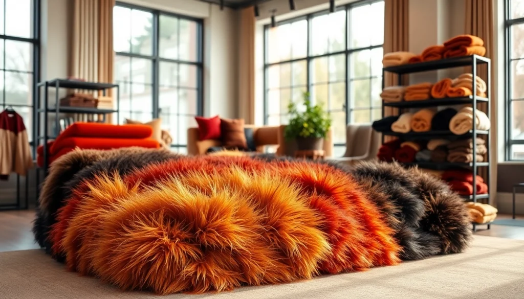 Bekijk hoogwaardige nepbont stoffen in een stijlvolle showroompresentatie.