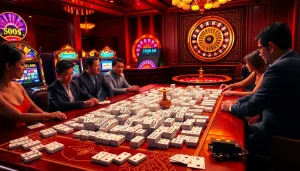 Adegan menarik yang menampilkan para pemain menikmati Mahjong Ways 2 di kasino yang hidup dengan dekorasi mewah.