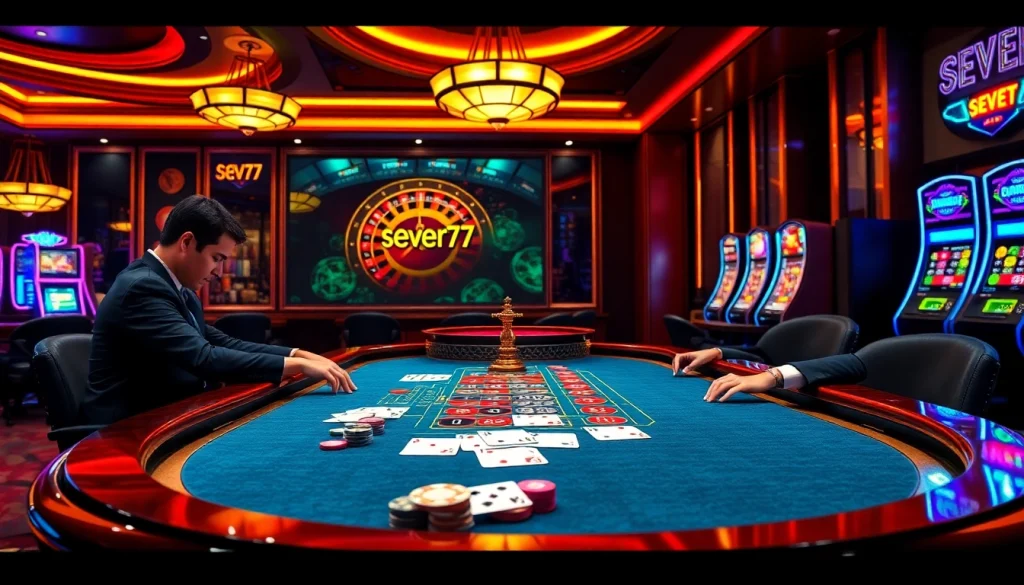 Engage in high-stakes poker at a luxurious casino, featuring seven77 and vibrant gaming elements.
