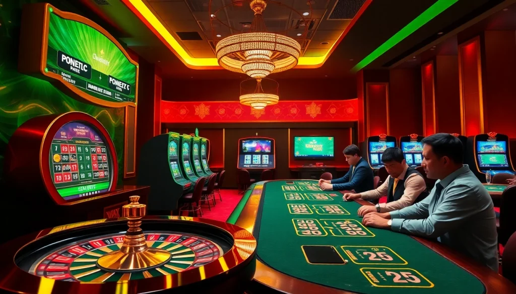 Engaging casino scene illustrating nhà cái thabet with roulette wheel, poker table, and vibrant slot machines.