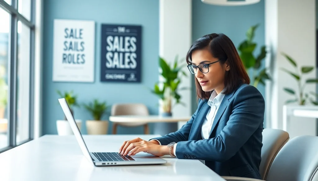 Job seeker finding a job board for sales roles in a modern office.